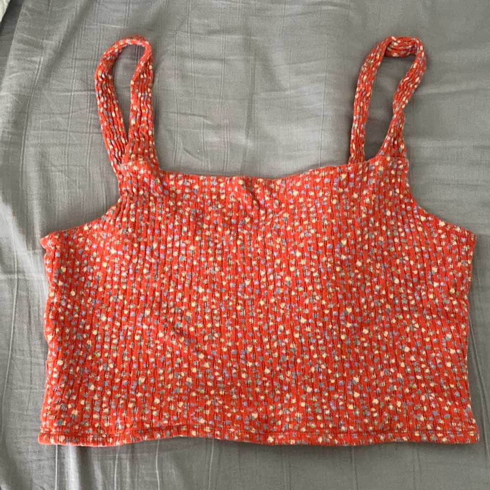 American Eagle AE Orange Ditsy Floral Crop Ribbed Tank Size L Large